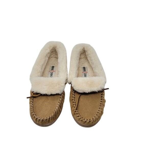 Minnetonka Womens Tan Suede Moccasin Slippers Sherpa Faux Fur Lining Sz 9 - Picture 4 of 10